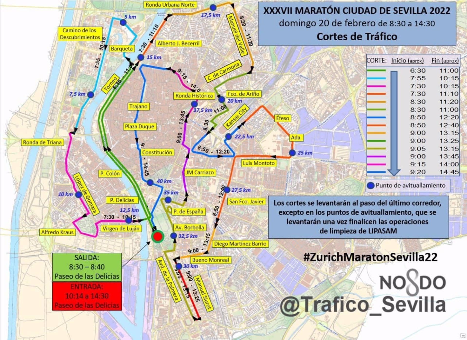 Mapa elaborado por el Ayuntamiento de Sevilla para informar de los cortes de tráfico con motivo de la Maratón de este domingo 20 de febrero.