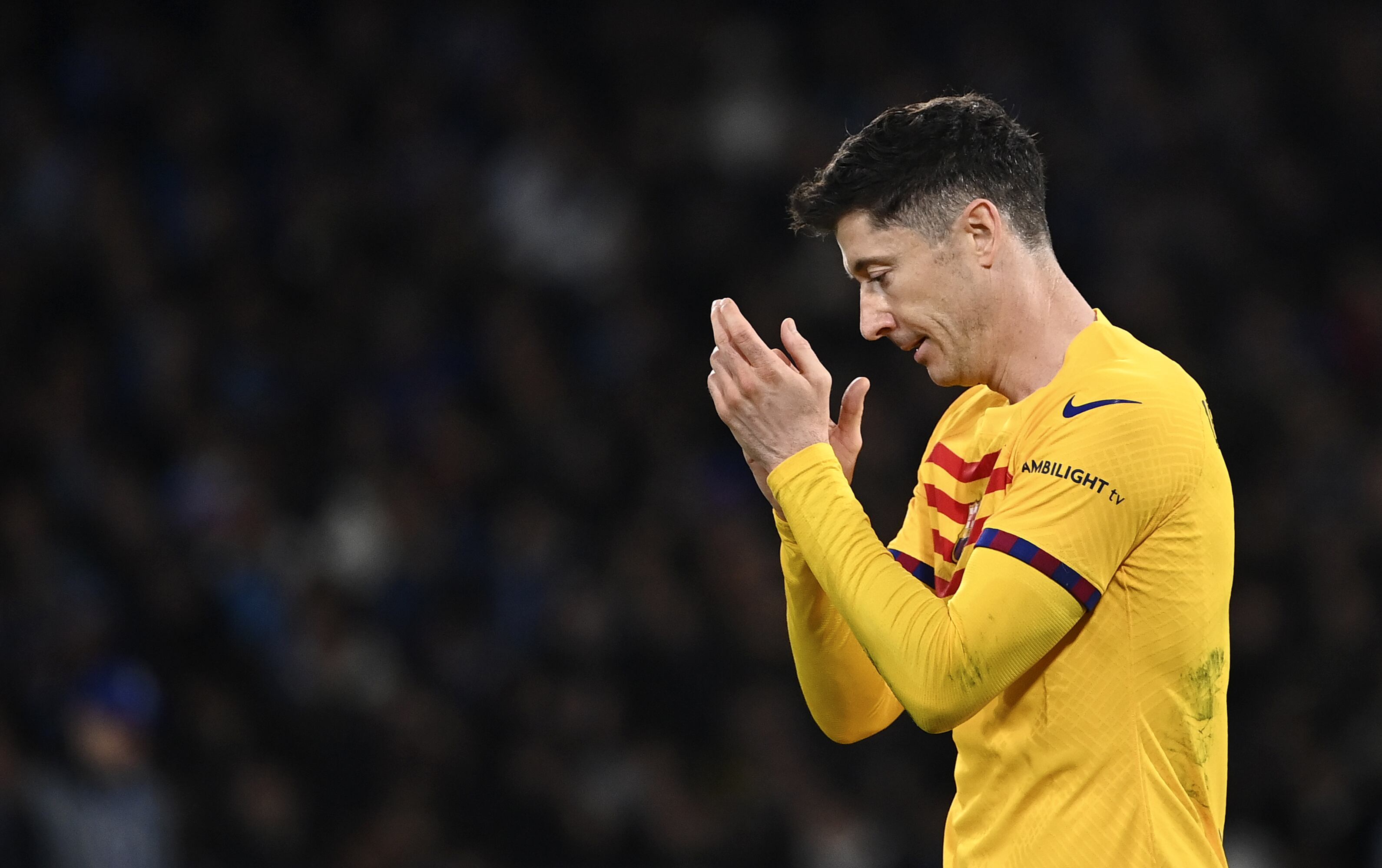 NAPLES, ITALY, FEBRUARY 21: Robert Lewandowski, of FC Barcelona, reacts during the UEFA Champions League round of 16 first leg football match between Napoli and FC Barcelona at the Diego Armando Maradona stadium in Naples, Italy, on February 21, 2024. (Photo by Isabella Bonotto/Anadolu via Getty Images)