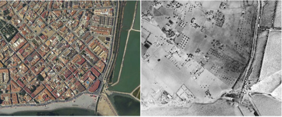 Detalle del núcleo urbano de San Pedro del Pinatar junto a las Salinas del Cotorrillo en 1929 y en la actualidad