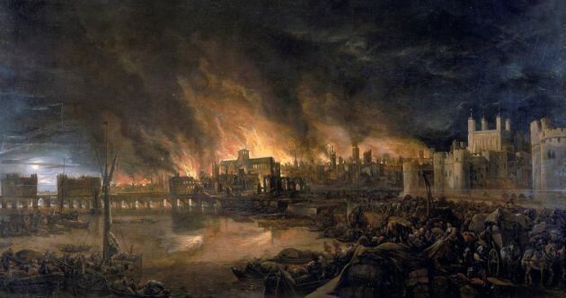 Detalle de una pintura de 1666 del Gran Incendio de Londres de un artista desconocido.