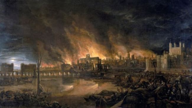 Detalle de una pintura de 1666 del Gran Incendio de Londres de un artista desconocido.