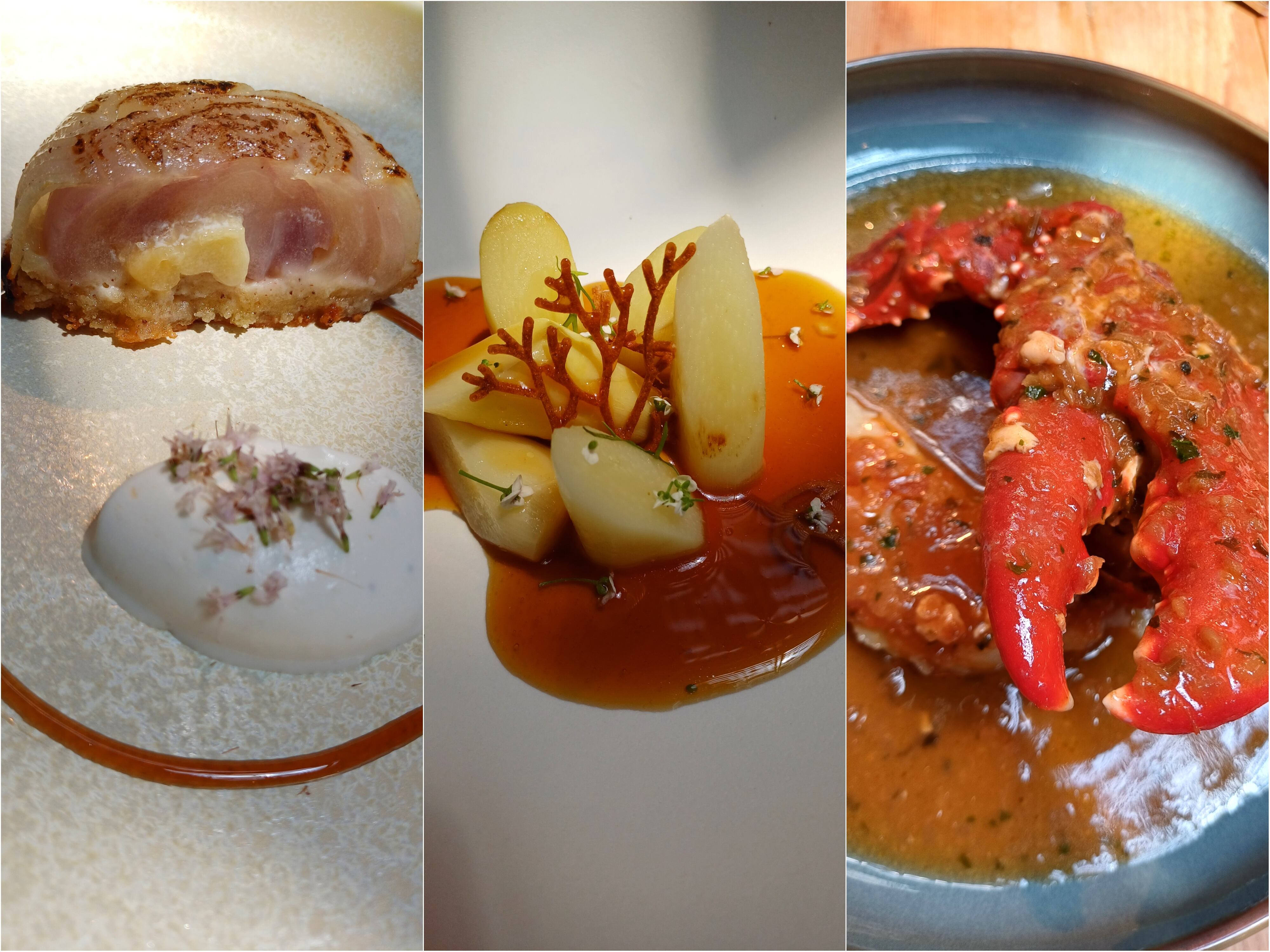 Cebolla asada, espárragos confitados con praliné de piñones y bogavante con 'chili crab' (Omeraki).