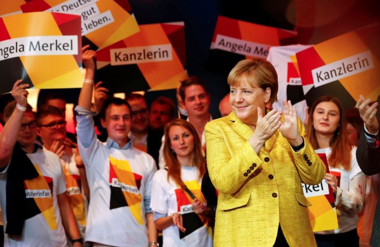 La canciller Angela Merkel durante un mitin de la campaña electoral.