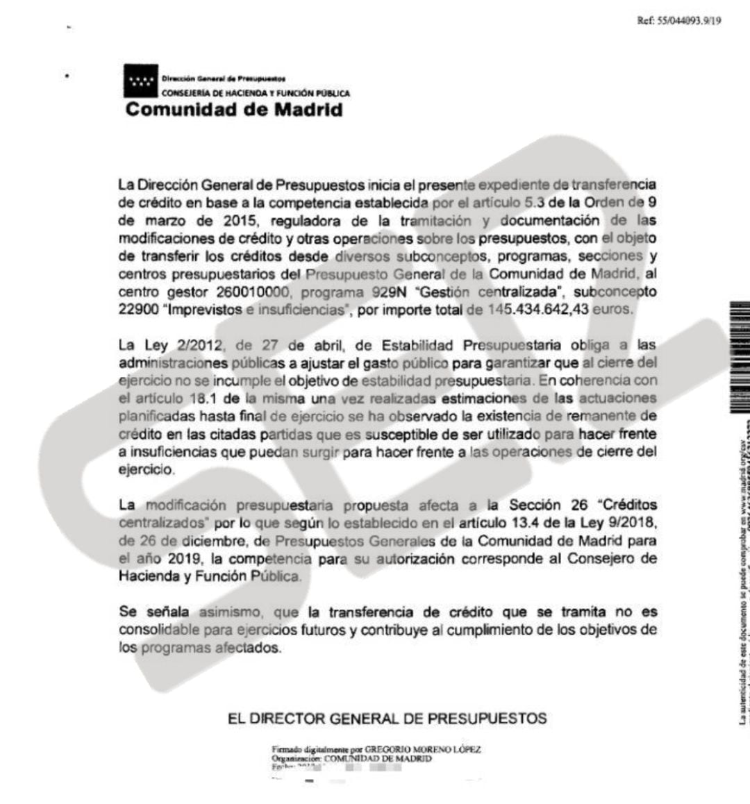 Expediente del director general de Presupuestos donde se autoriza el desvío de 145 millones a la partida &quot;imprevistos&quot; porque tienen un &quot;remanente&quot; para retener ese dinero