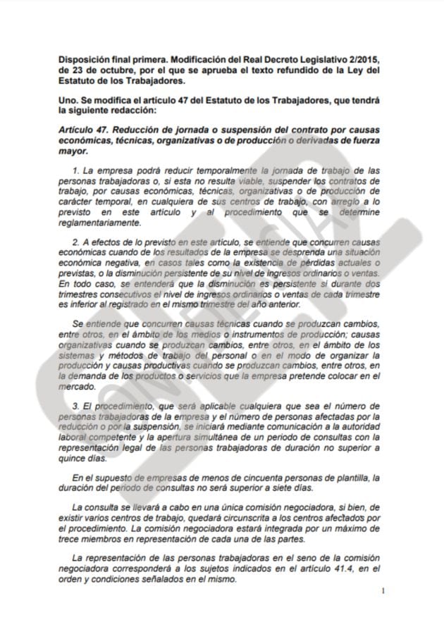 Documento sobre los ERTE presentado este martes