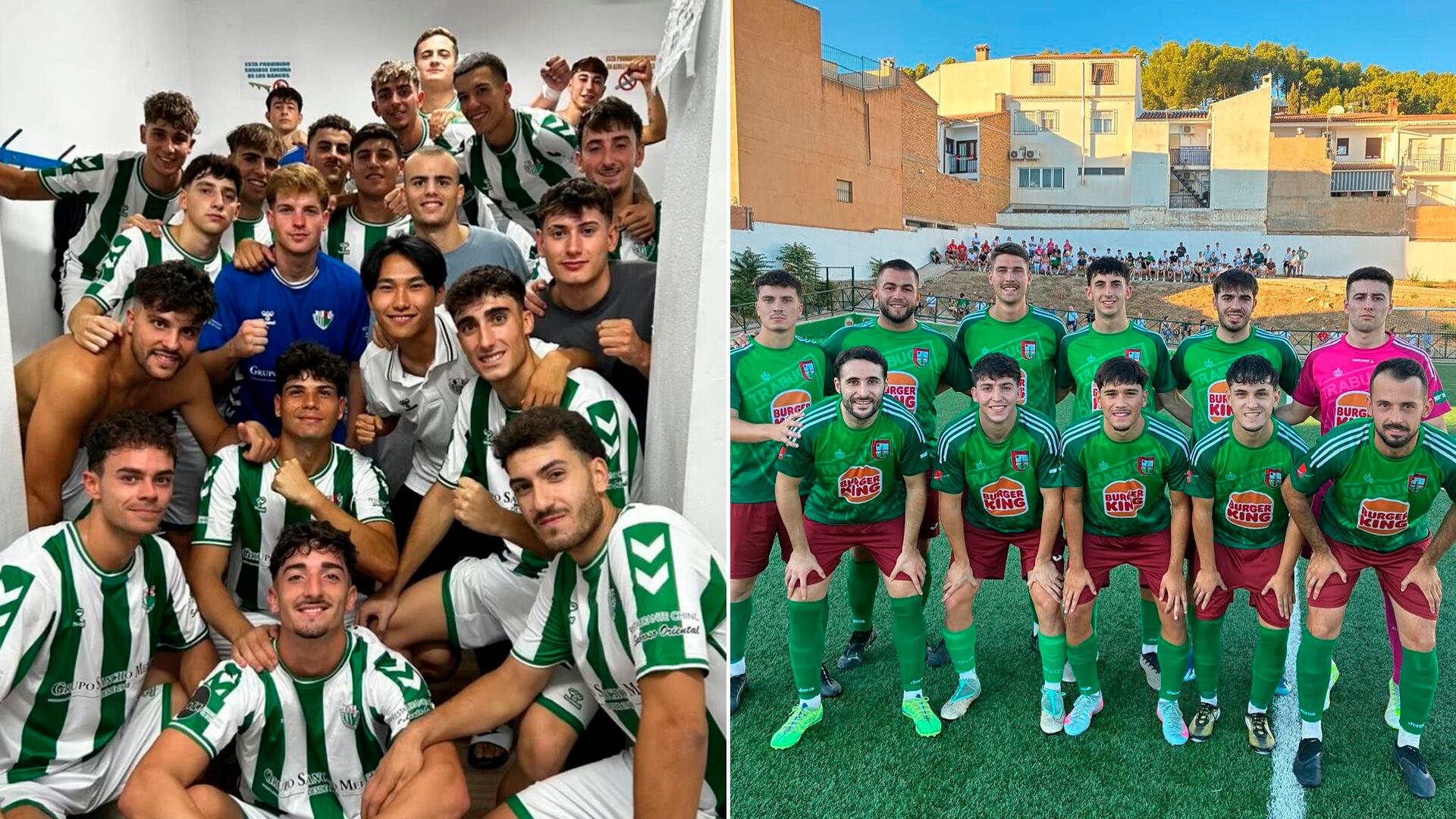 El Antequera CF B celebra su victoria (izquierda) y once inicial del CD Trabuco (derecha)
