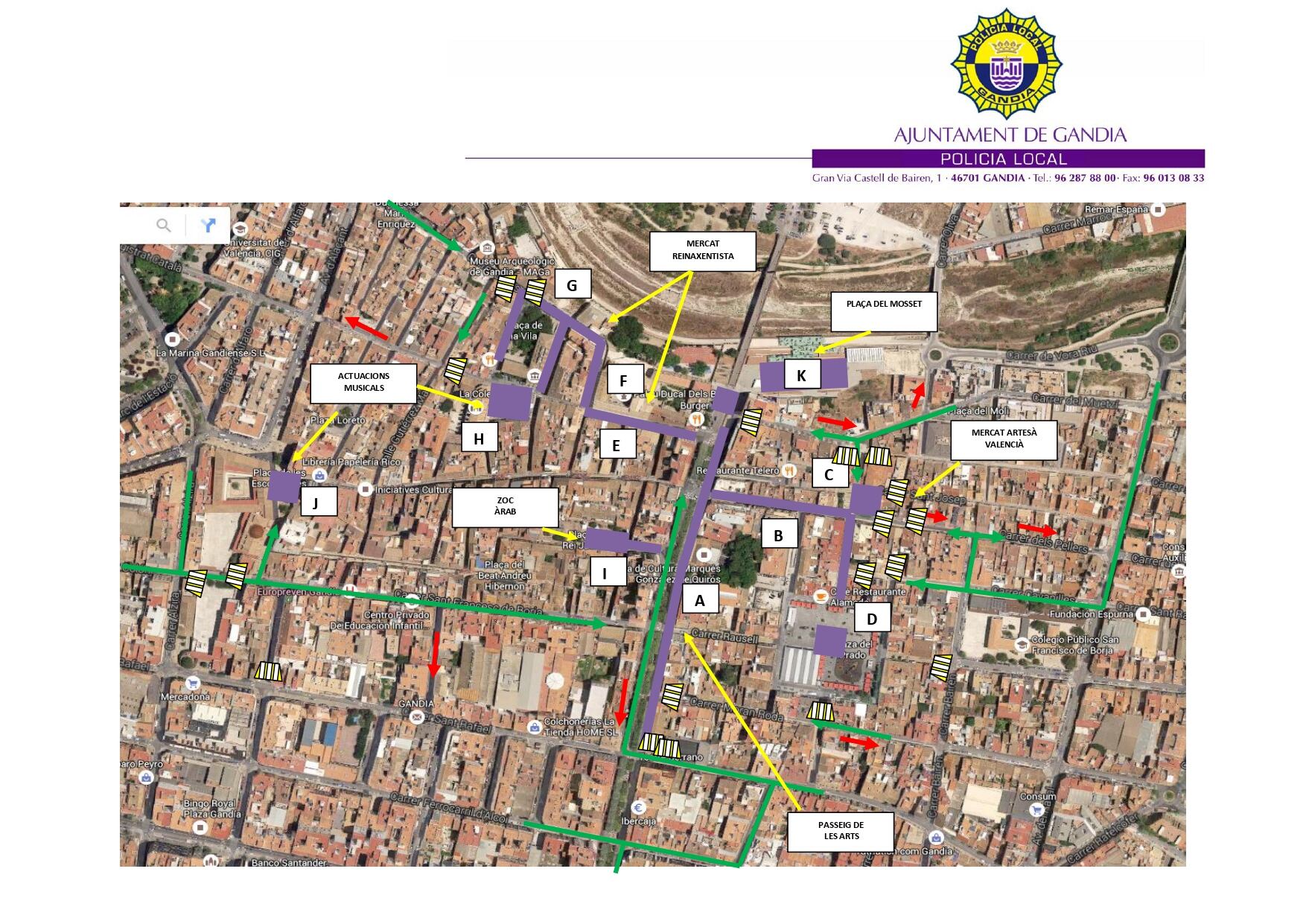 Plano del dispositivos y entradas y salidas del Centre Històric durante la Fira i Festes.