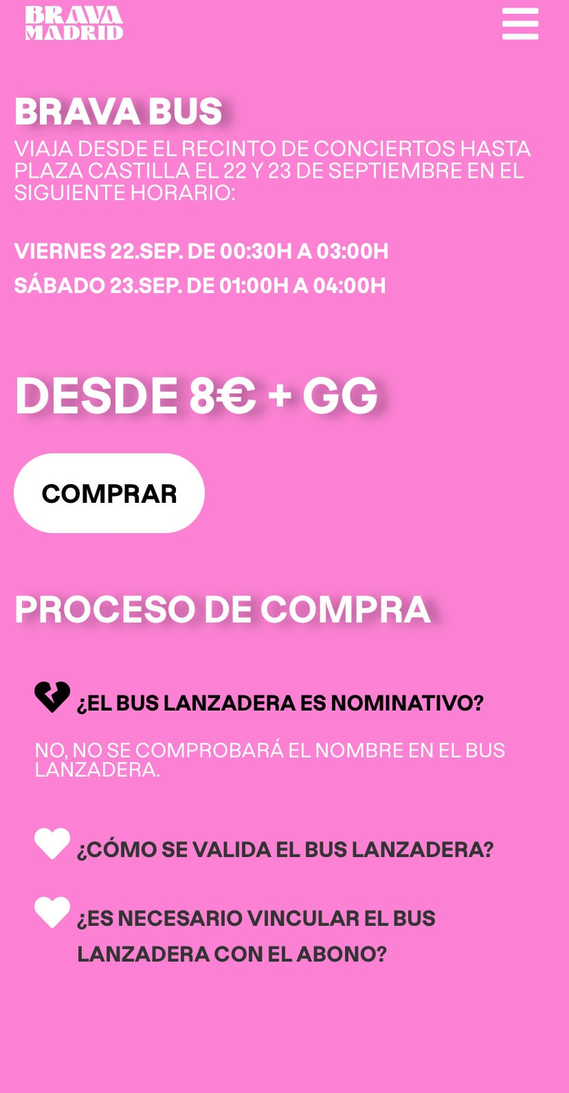 El festival “Brava Madrid” anuncia en su web el servicio de bus lanzadera con un coste desde 8 euros