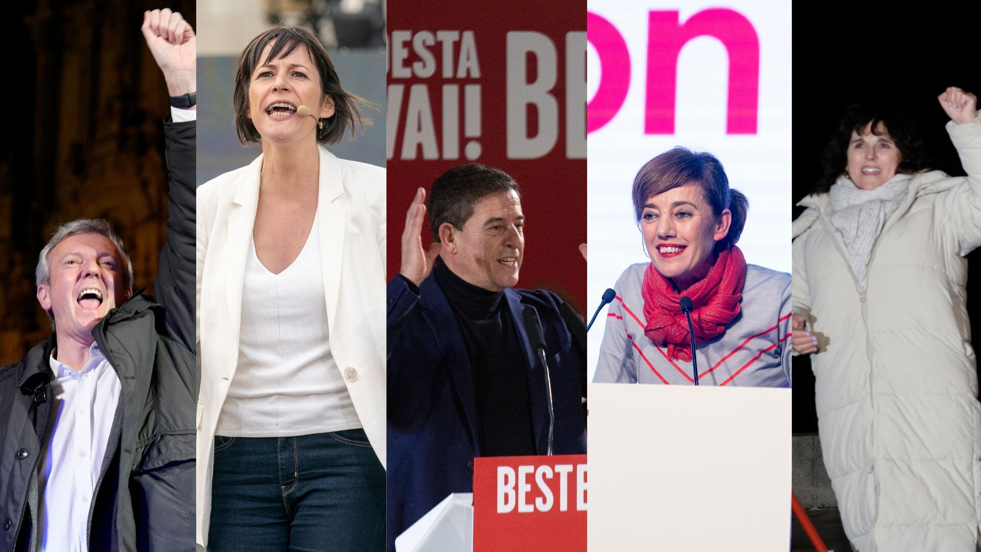 Montaje de Alfonso Rueda (PP), Ana Pontón (BNG), José Ramón Gómez Besteiro (PSOE), Marta Lois (Sumar) e Isabel Faraldo (Podemos).