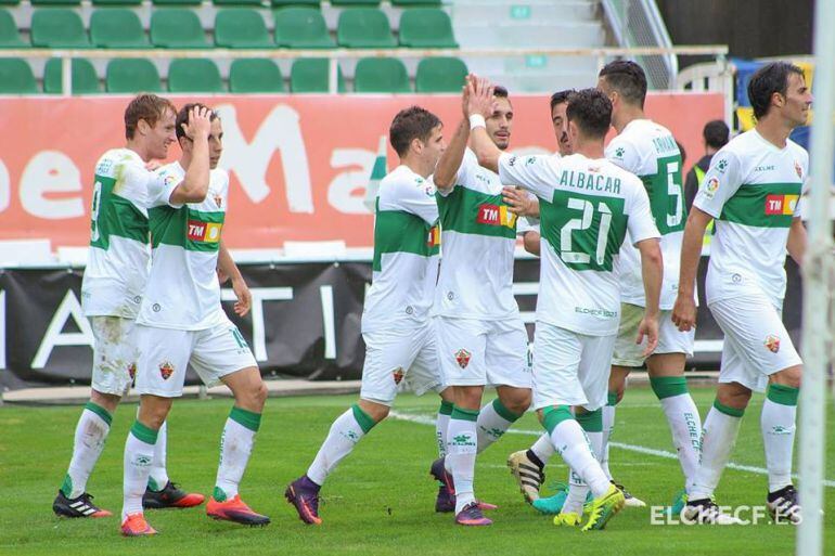 Los jugadores del Elche C.F. celebran el gol de Guillermo