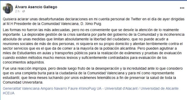 Publicación de Álvaro Asencio en su perfil de Facebook