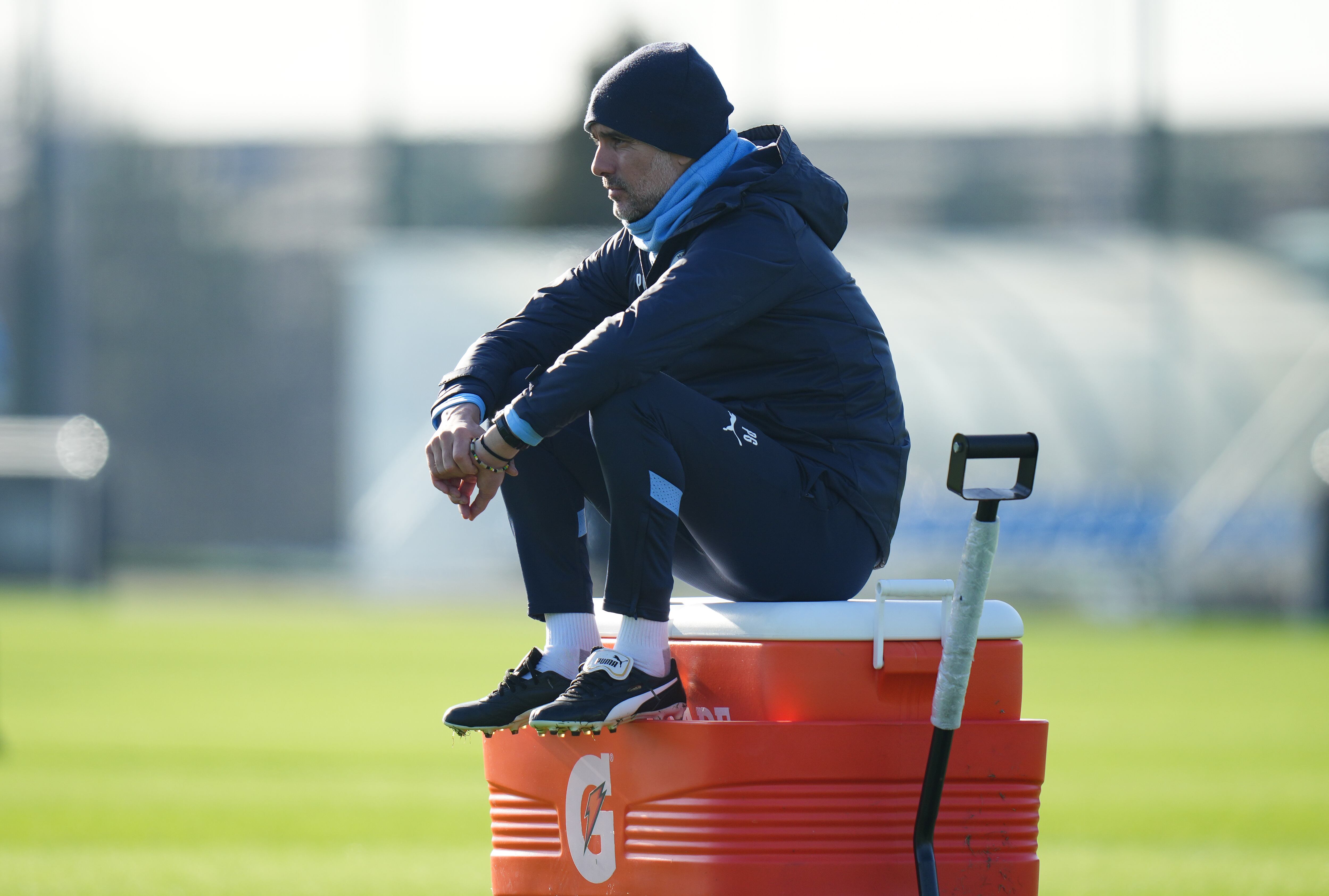 Guardiola, durante un entrenamiento del Manchester City.