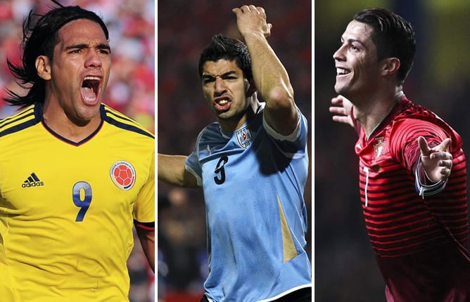 Radamel Falcao con Colombia, Luis Suárez con Uruguay y Cristiano Ronaldo con Portugal.