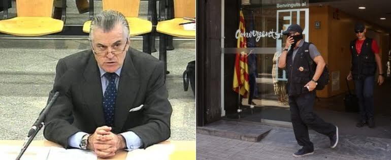 A la izquierda, Luis Bárcenas durante su declaración ante el juez y a la derecha, registro de la sede de CIU en Barcelona