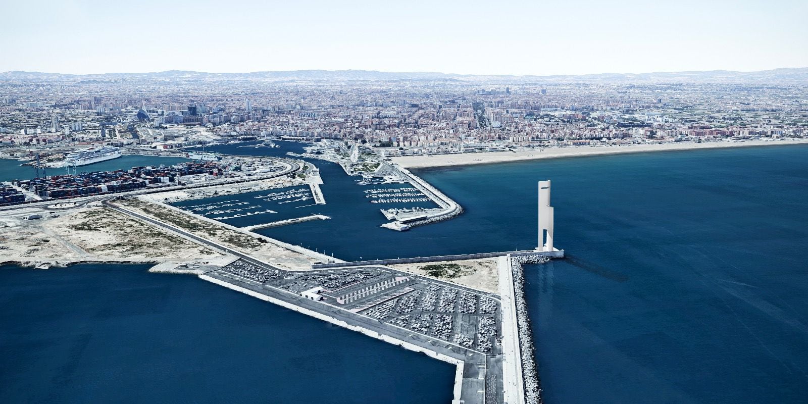 Diseño de la torre eólica de València que medirá 170 metros y se ubicará en La Marina.