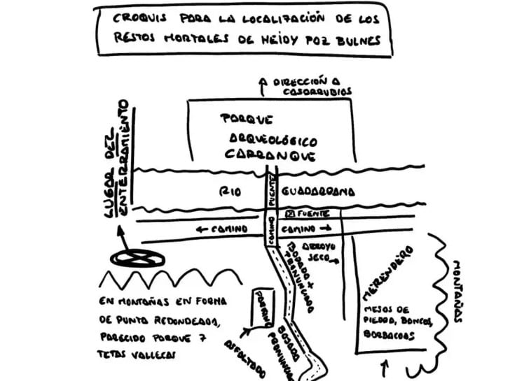 Croquis que incluye César Román en un escrito en el que detalla la localización de los restos de su pareja, asesinada en 2018.