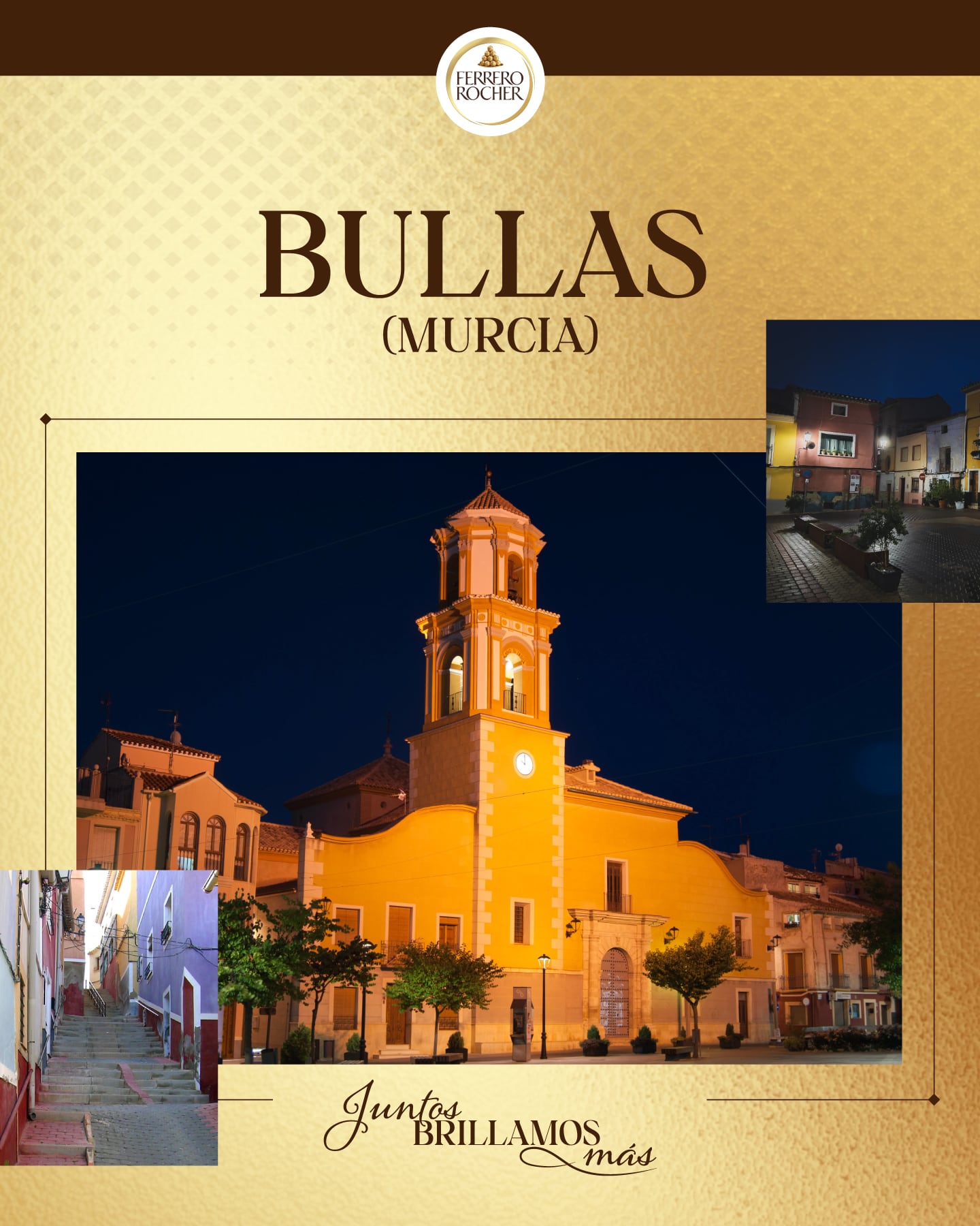 Cartel del concurso "Juntos Brillamos Más 2025" de Ferrero Rocher, con la imagen de Bullas