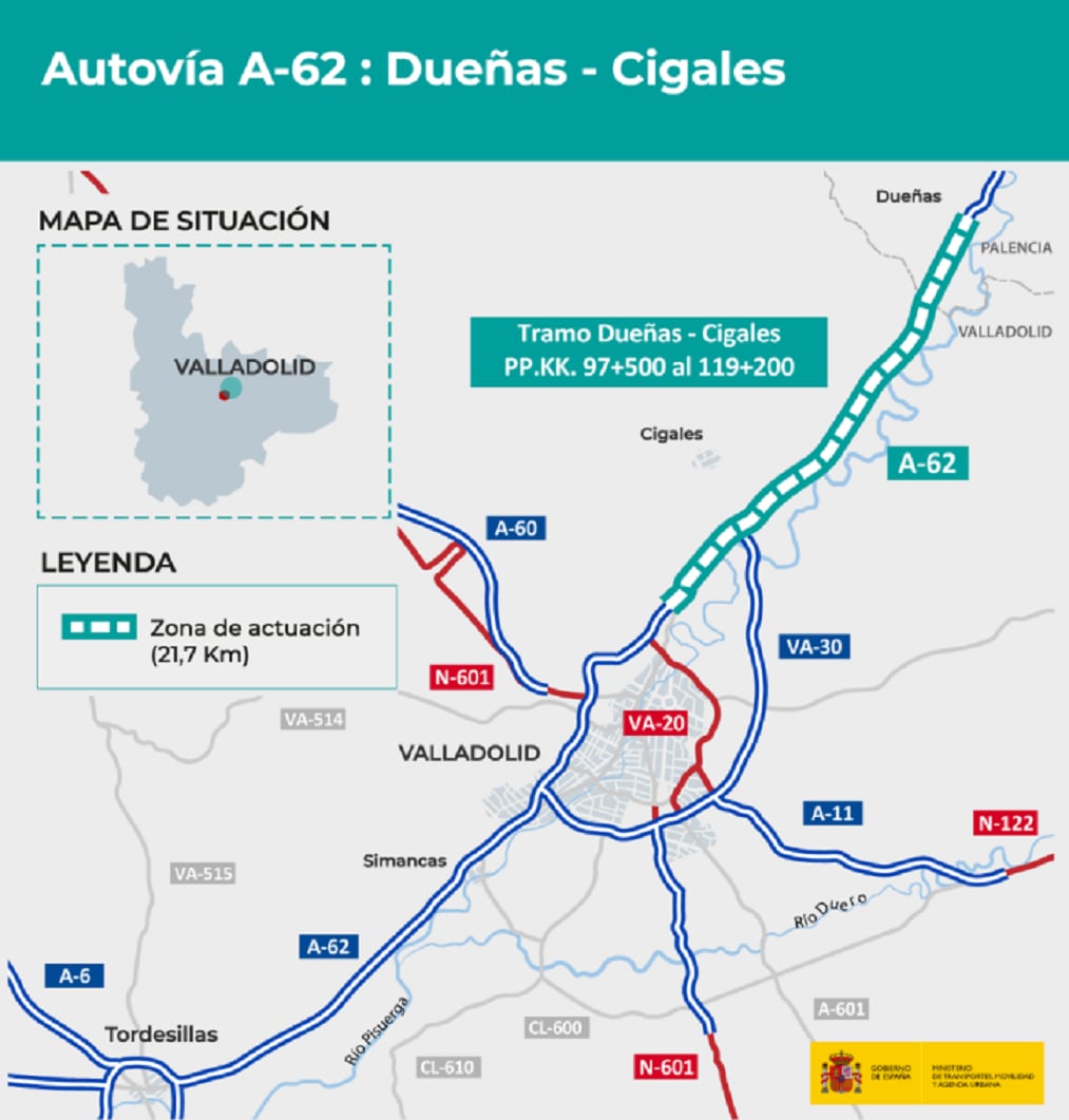 Mitma aprueba el trazado para aumentar la capacidad de la A-62 en el tramoDueñas-Cigales, con un presupuesto de
131,8 millones de euros