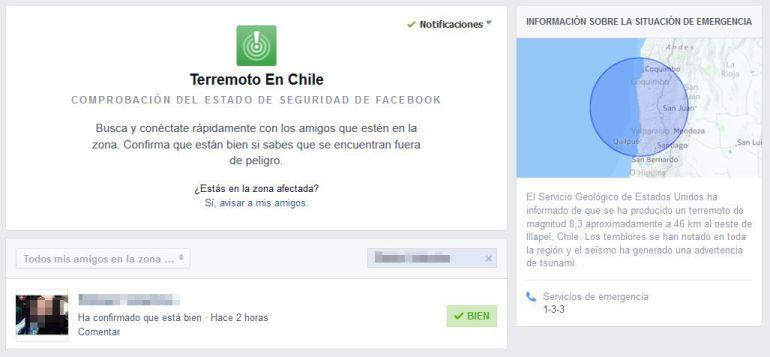 Comprobación del estado de usuarios en Facebook tras el terremoto en Chile