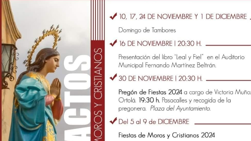 El sábado 30 de noviembre, a las 20:30 h, se celebrará el Pregón de Fiestas 2024, a cargo de la pregonera Victoria Muñoz Ortolá.