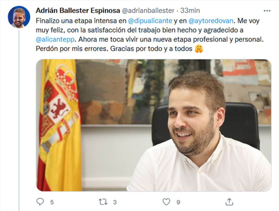 Pantallazo de las redes sociales del ya ex-diputado Adrián Ballester