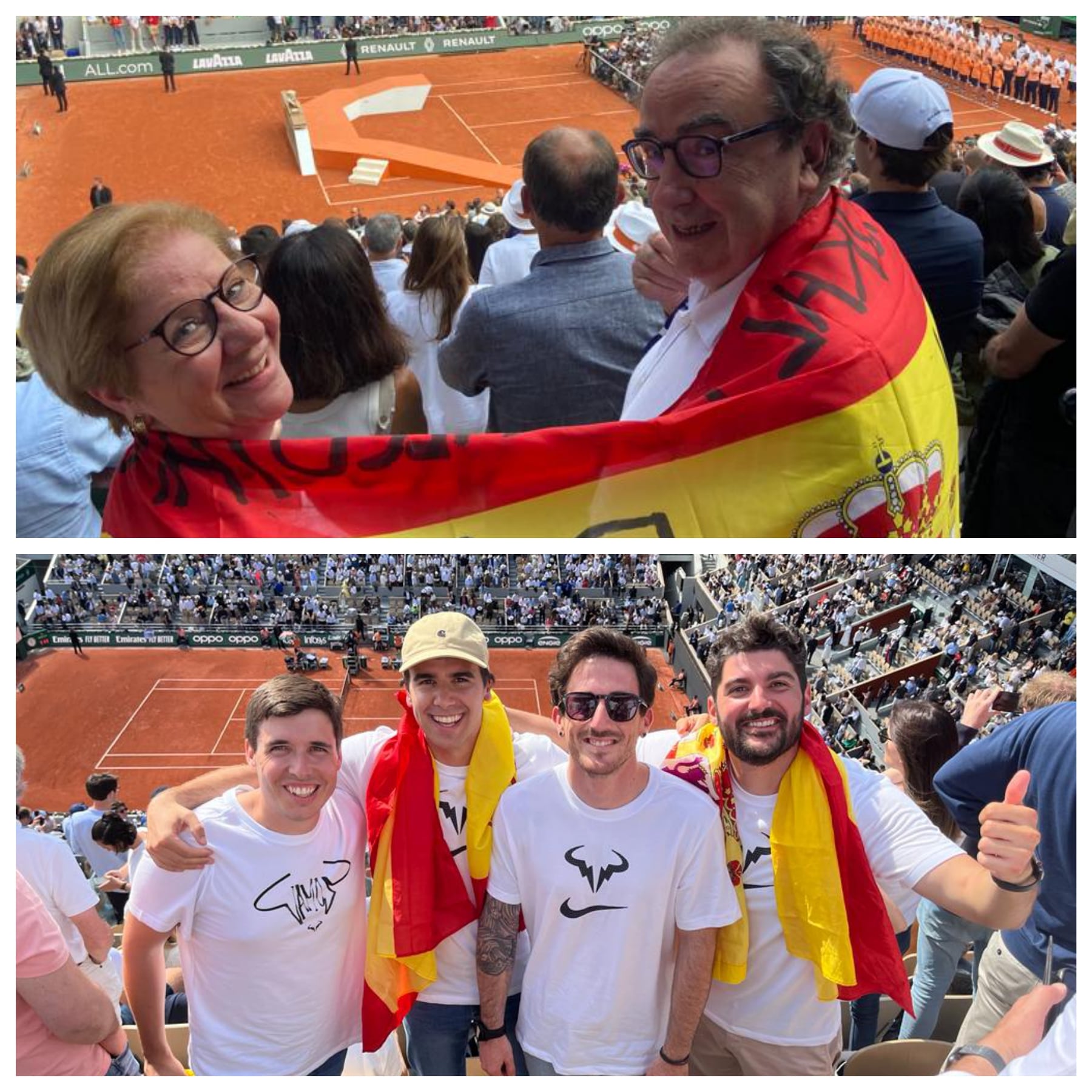 Pepe Reig y Toya Boronat en la imagen superior y Jaime, Quique, Carlos y Ricardo en la inferior, todos ellos en la pista central de Roland Garros en la final