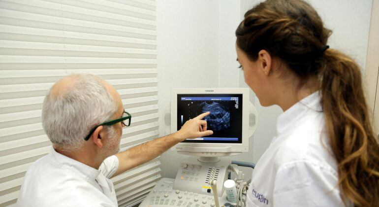 Imatge d'un ecògraf mostrant una ecografia d'un embrió a una dona