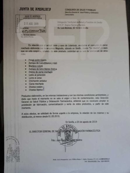 Documento enviado por la Dirección General de Salud Pública al Ayuntamiento.