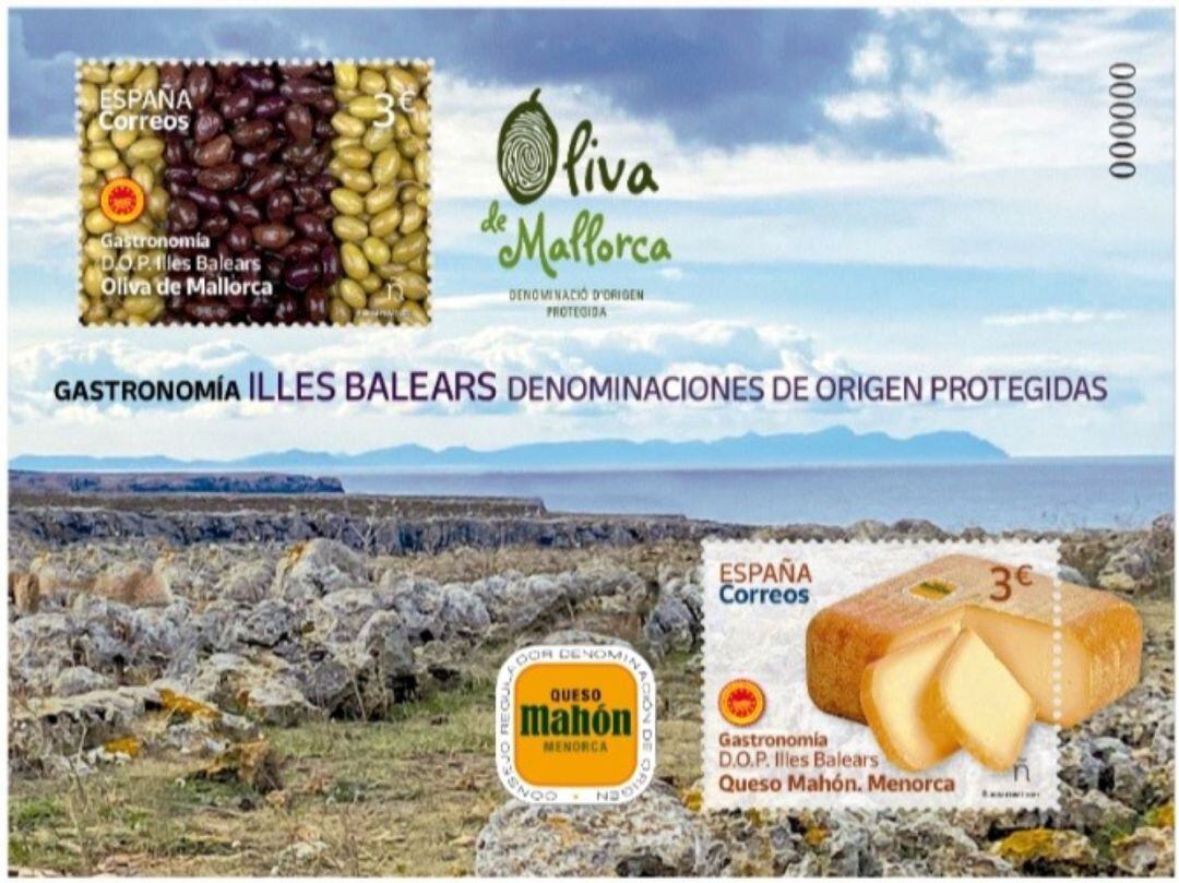 El bloc-fulla de Correos inclou un segell del formatge menorquí i un altre de les olives de Mallorca.
