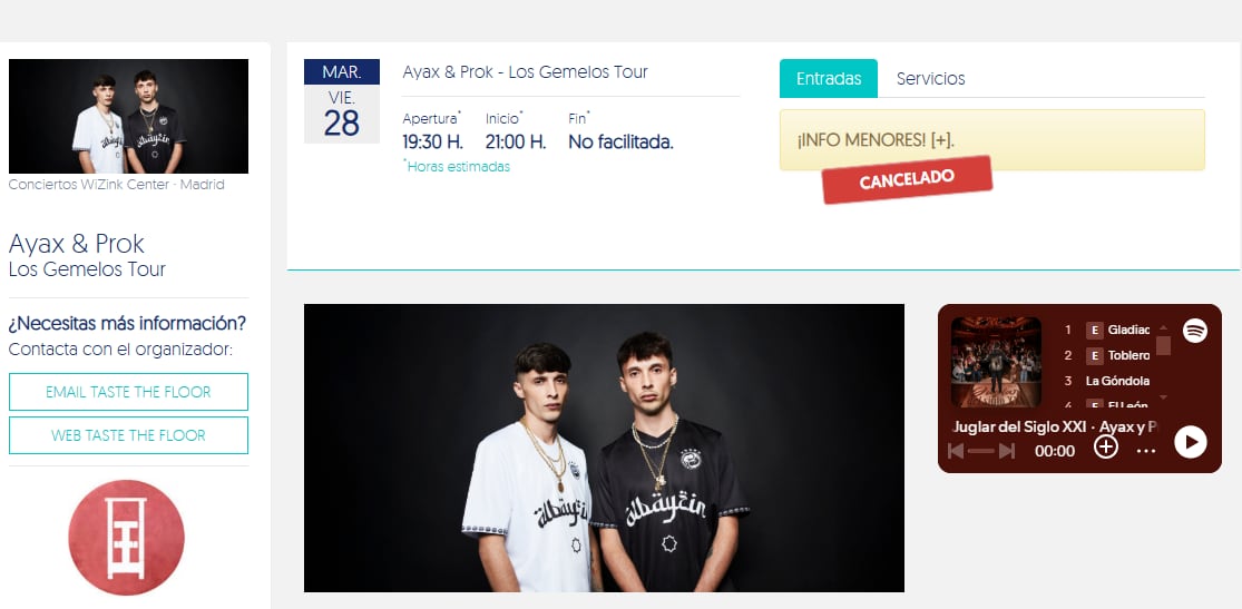 El WiZink Center cancela el concierto de Ayax & Prok tras la denuncias de agresión sexual.