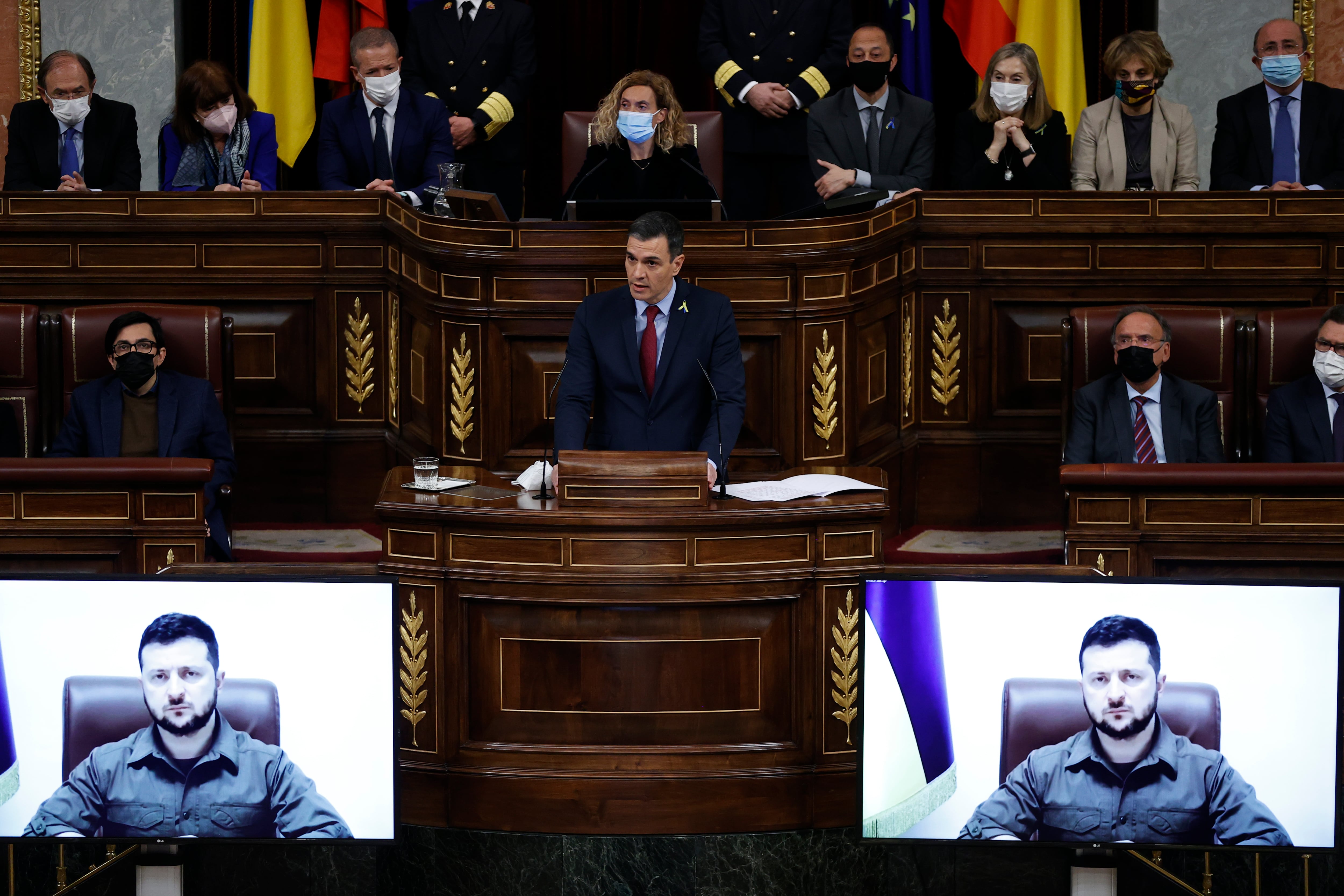 El presidente del Gobierno, Pedro Sánchez, interviene tras la intervención por videoconferencia del presidente de Ucrania, Volodímir Zelenski, en el Congreso de los Diputados