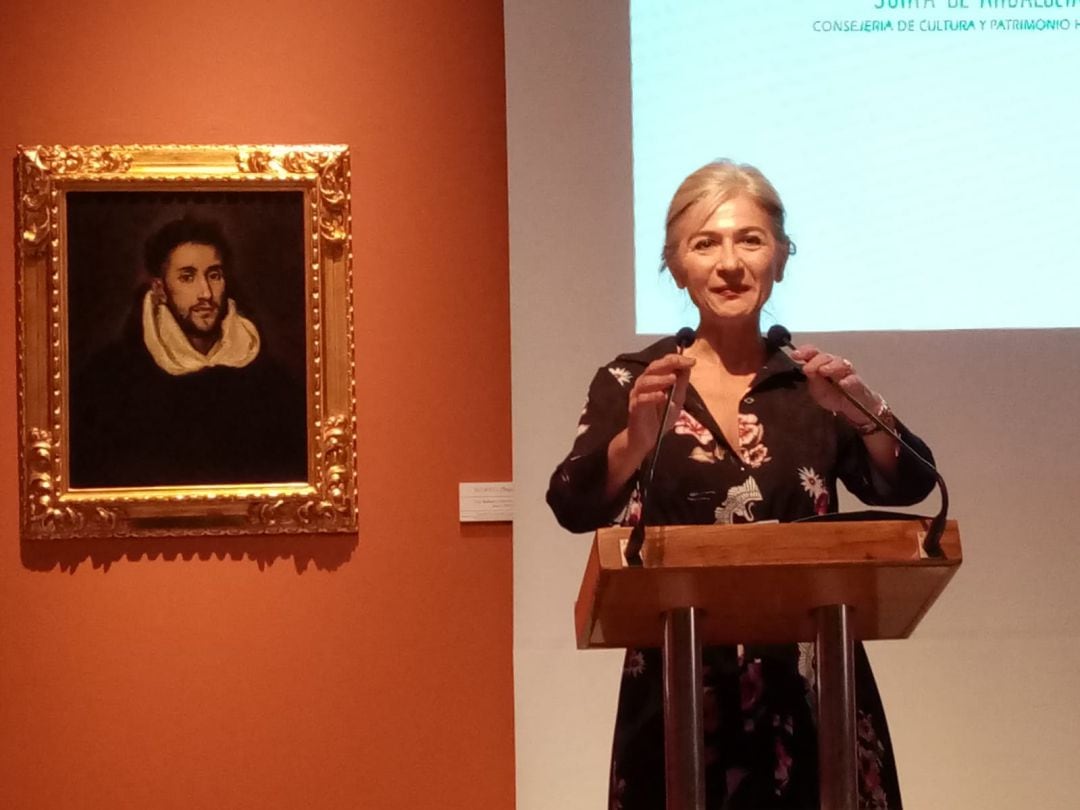 La consejera Patricia del Pozo, durante la rueda de prensa que ha ofrecido este lunes en el Museo de Bellas Artes de Sevilla