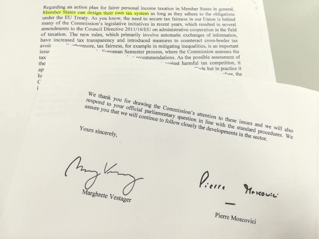 Carta de la Comisión Europea rechazando la petición del grupo de Los Verdes en el Parlamento Europeo