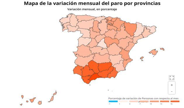 Mapa de la variación mensual del paro por provincias, marzo 2020 (Ministerio de Trabajo)