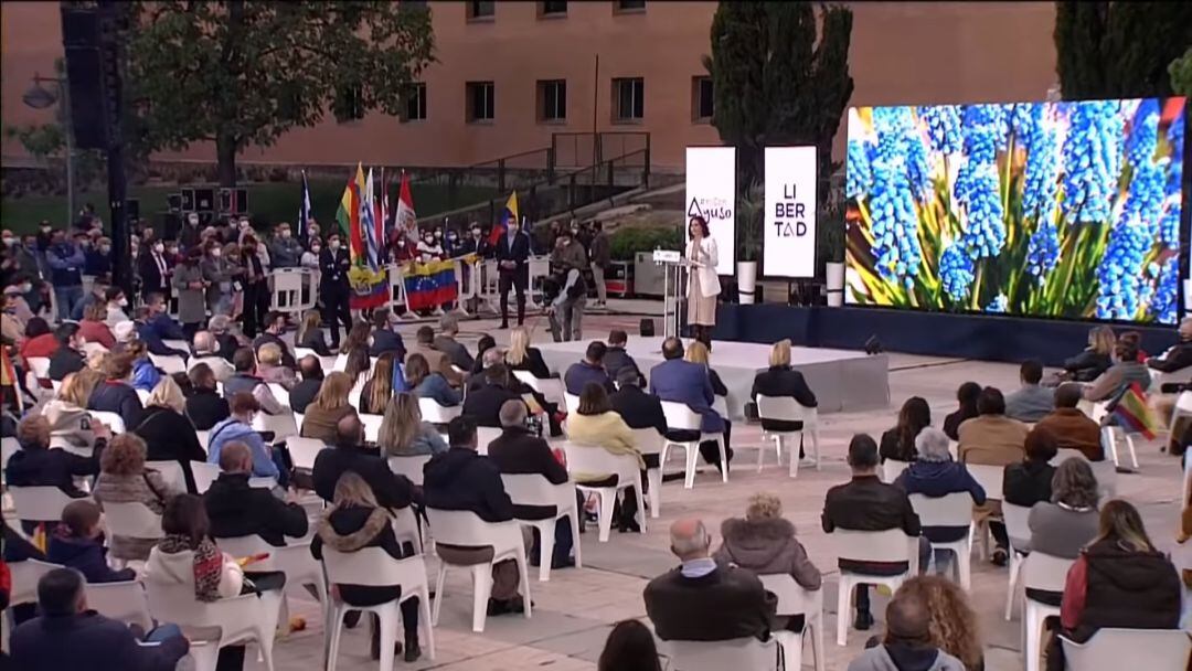 Isabel Díaz Ayuso durante su intervención en el mitín de este pasado martes en Leganés.