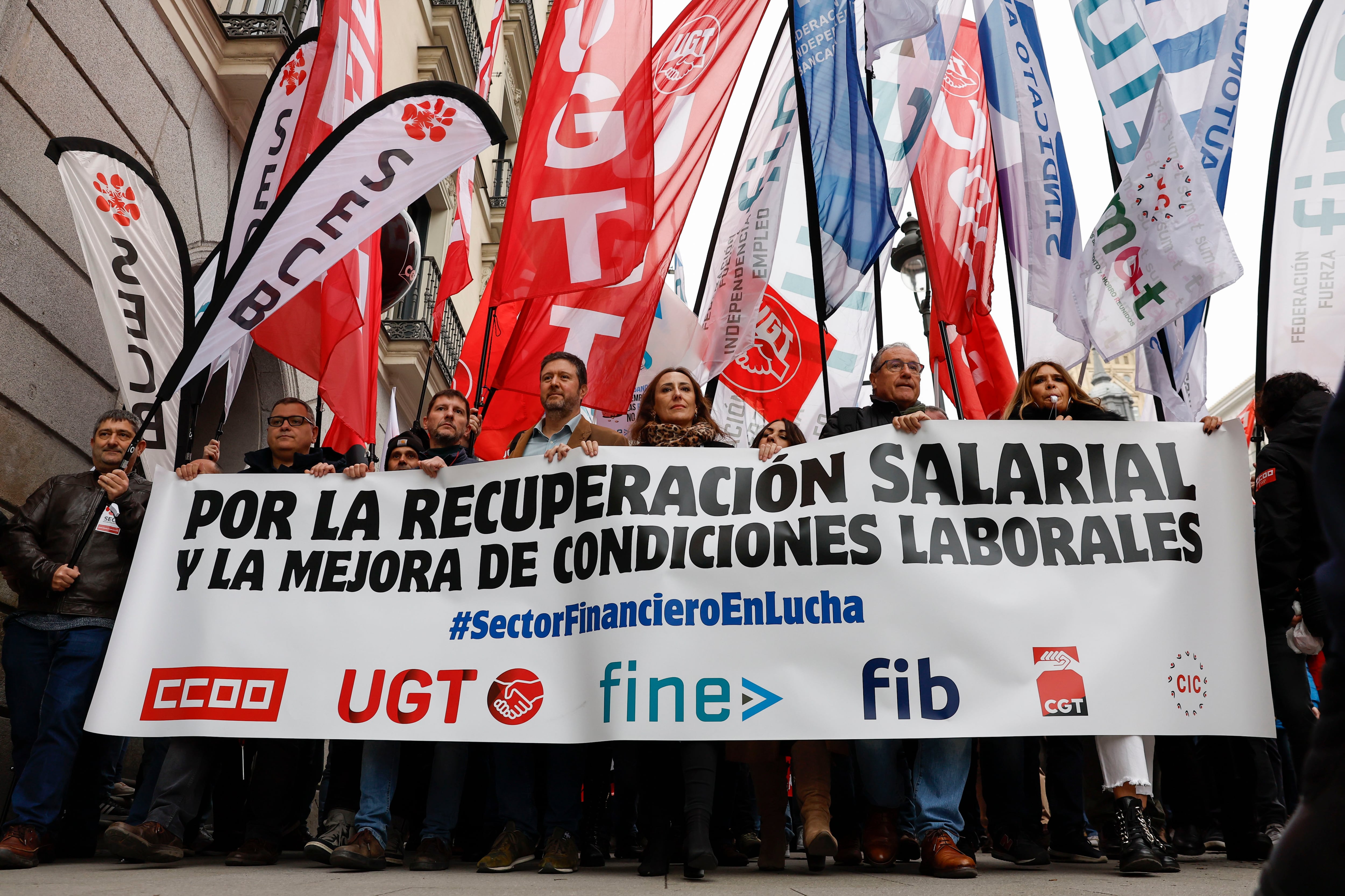 Manifestación convocada por sindicatos del sector bancario, el pasado mes de febrero