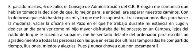 Fragmento de la carta de despedida de Diego Epifanio.