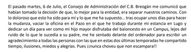 Fragmento de la carta de despedida de Diego Epifanio.