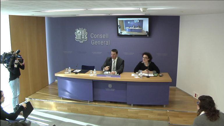 Els consellers liberals Jordi Gallardo i Judith Pallarés en la roda de premsa sobre el SAD.