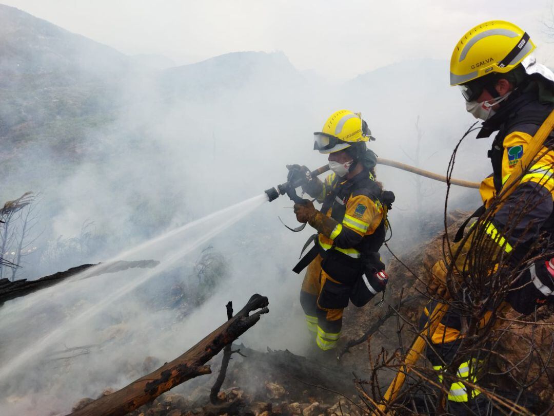 Agentes trabajando en la extinción de un incendio forestal.