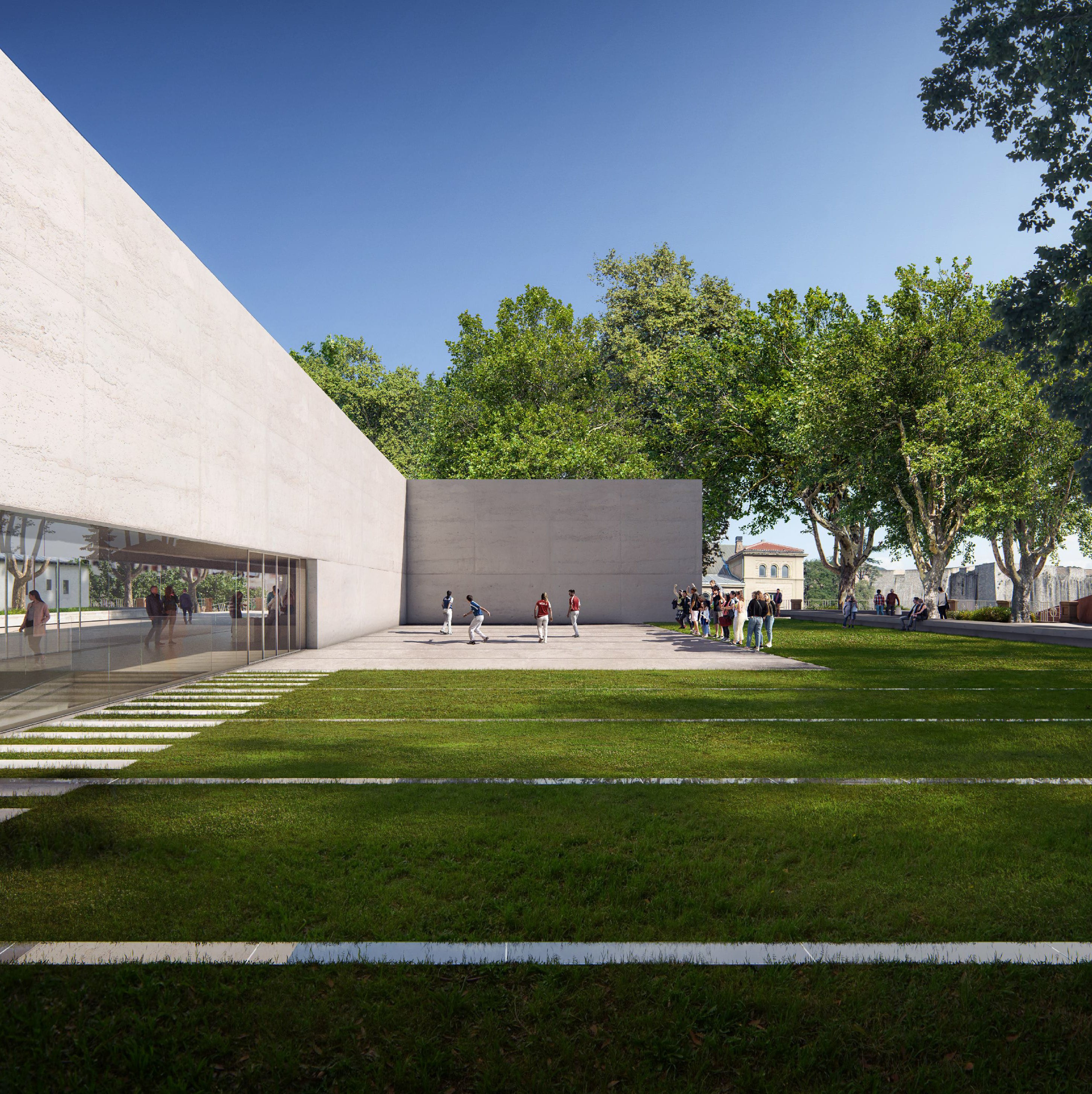 Recreación del futuro Centro de Interpretación de la Pelota Vasca en Pamplona, que comenzará a construirse en el último trimestre del año 2026.