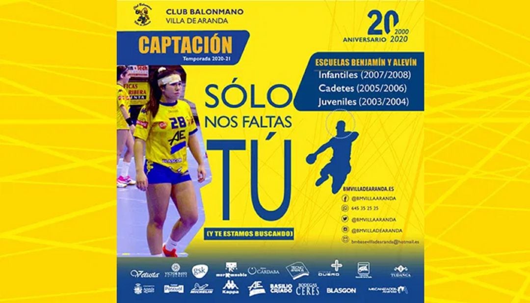 Cartel con el que el club presenta su campaña Sólo nos faltas Tú para captar jóvenes valores del balonmano ribereño.