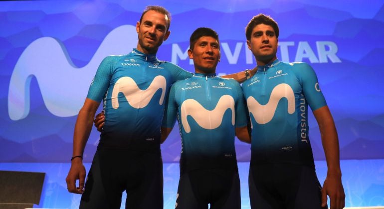 Valverde, Quintana y Landa, en la presentación del equipo Movistar.