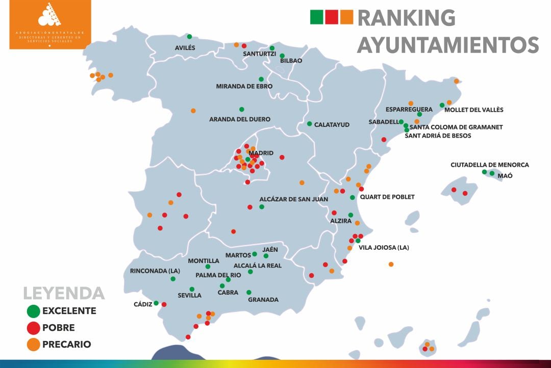 El mapa elaborado por la Asociación de Directoras y Gerentes de Servicios Sociales sobre los presupuestos que los ayuntamientos de más de 20.000 habitantes dedican a la partida de servicios sociales y promoción social. 