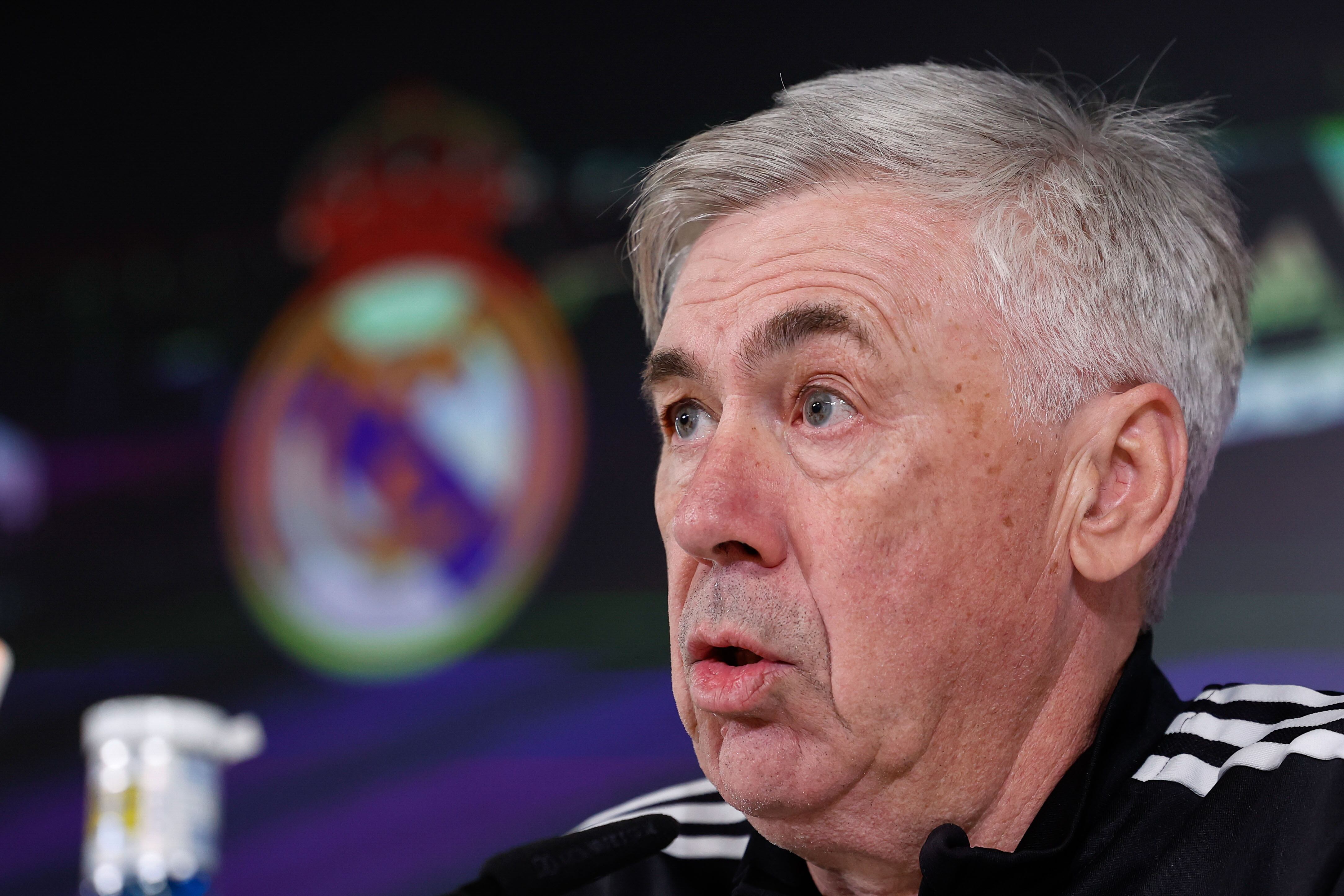 El técnico italiano Carlo Ancelotti, durante la rueda de prensa. EFE/ Chema Moya