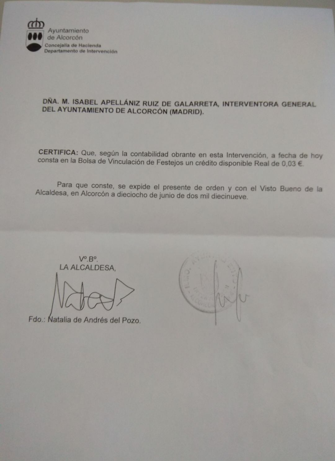 Escrito en el que se confirma que para festejos sólo quedan tres céntimos