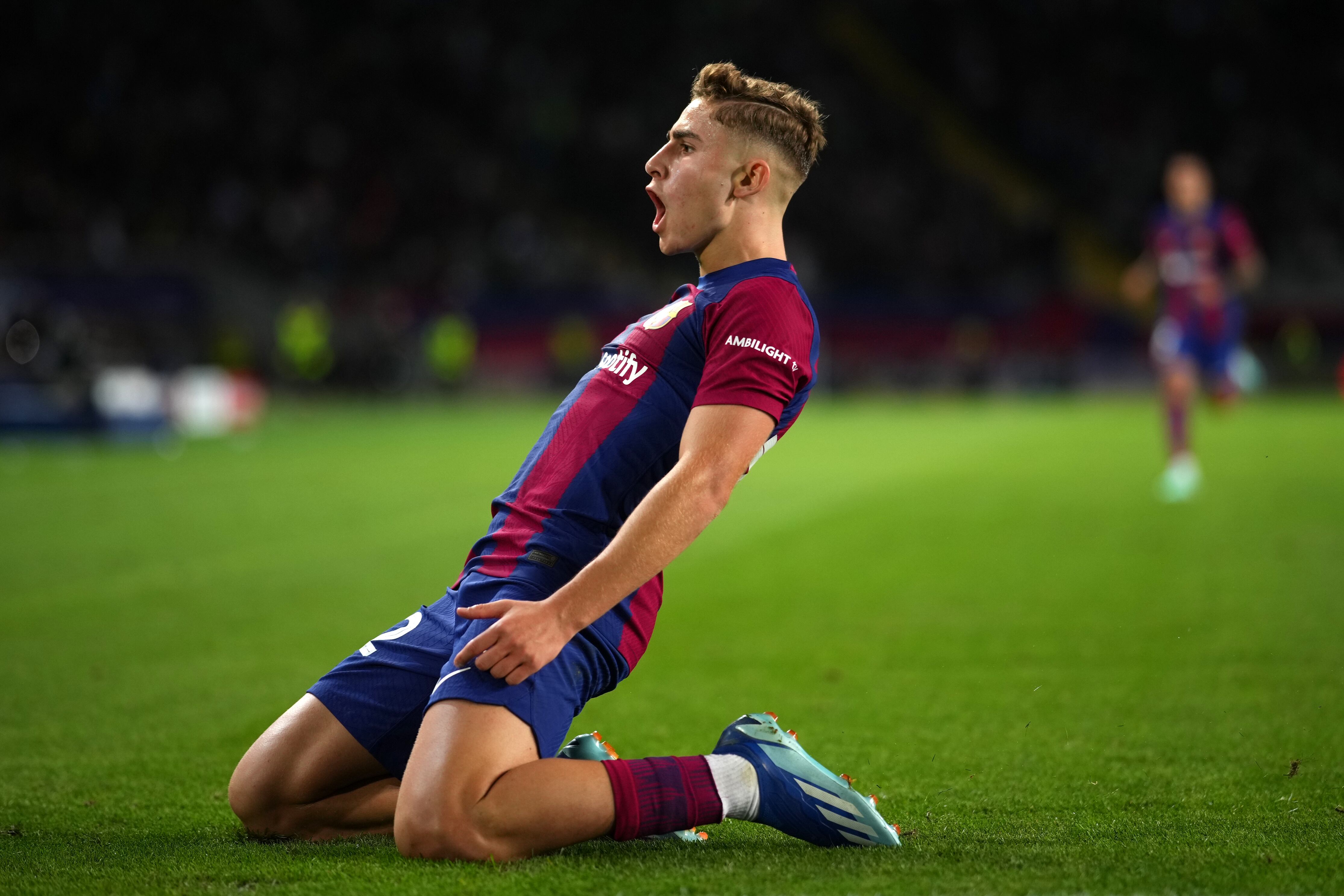 BARCELONA, SPAIN - OCTOBER 25: Fermin Lopez of FC Barcelona scores the team's second goal during the UEFA Champions League match between FC Barcelona and FC Shakhtar Donetsk at Estadi Olimpic Lluis Companys on October 25, 2023 in Barcelona, Spain. (Photo by Alex Caparros/Getty Images)