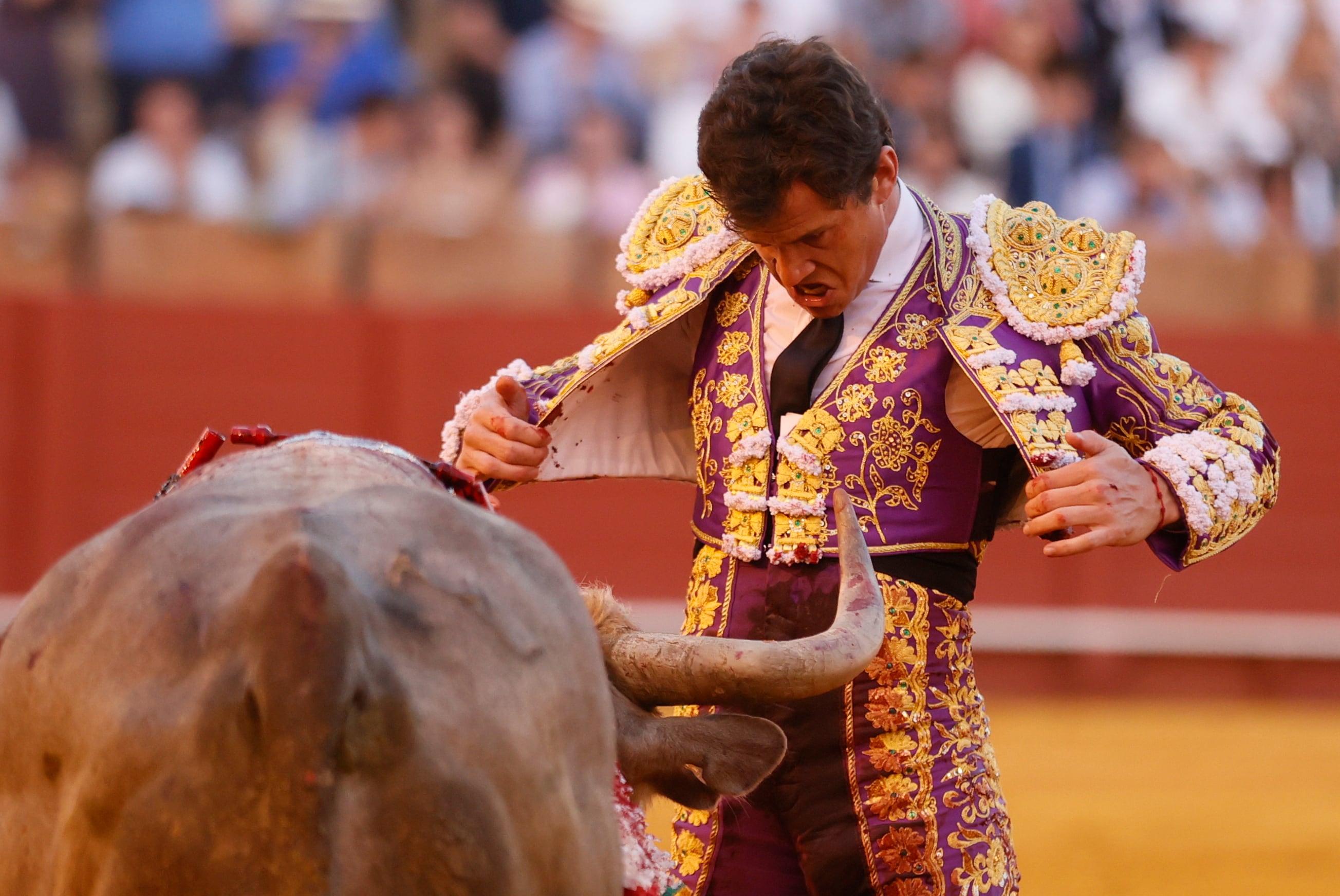 SEVILLA, 12/04/2024.- El diestro Daniel Luque lidia su segundo toro de la tarde durante el festejo taurino celebrado este viernes en la Real Maestranza de Sevilla, con toros de Núñez del Cubillo. EFE/José Manuel Vidal
