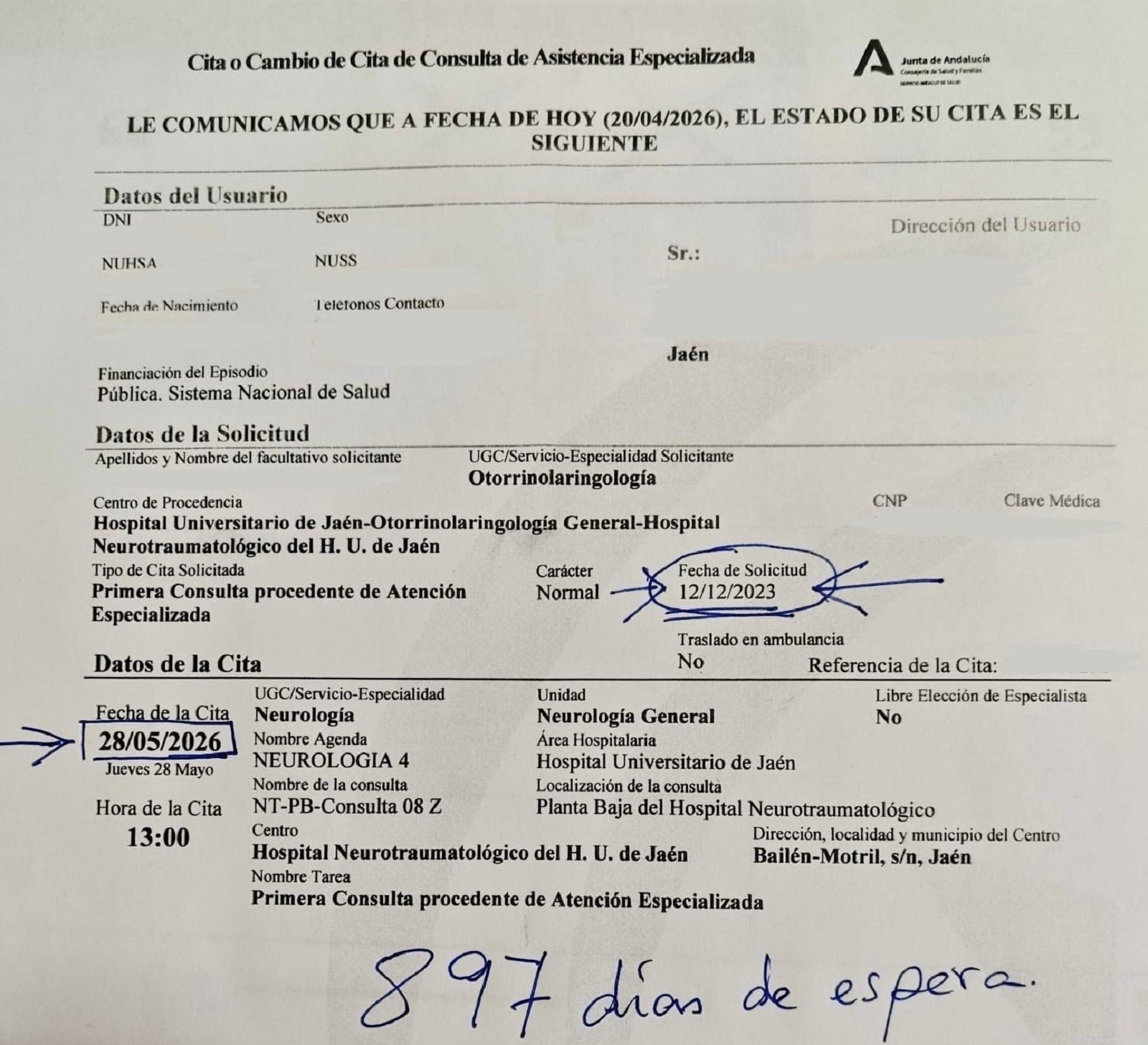 Cita para el neurólogo en Jaén, a 897 días vista.