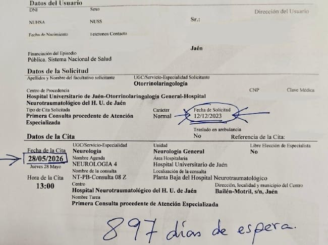 Cita para el neurólogo en Jaén, a 897 días vista.